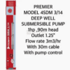 Premier Model 4SDM 3/14 Deep Well Submersible Pump 1hp,90m head Outlet 1.25" Flowrate 3m3/hr with 30m cable with pump control