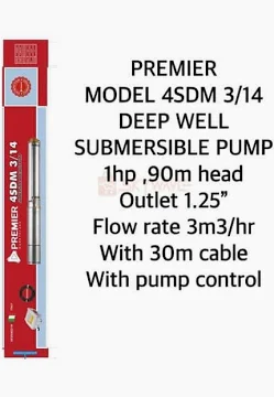 Premier Model 4sdm 3/7 Deep Well Submersible Pump 0.5hp 50m head Outlet 1.25" Flowrate 3m3/hr Cable 30m with pump control box