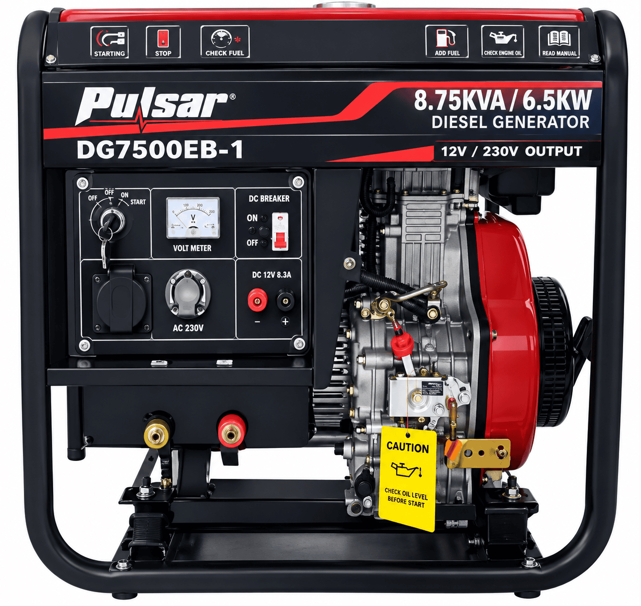 8.75KVA / 6.5KW Pulsar Diesel Generator DG7500EB-1 - 12V 230V Output