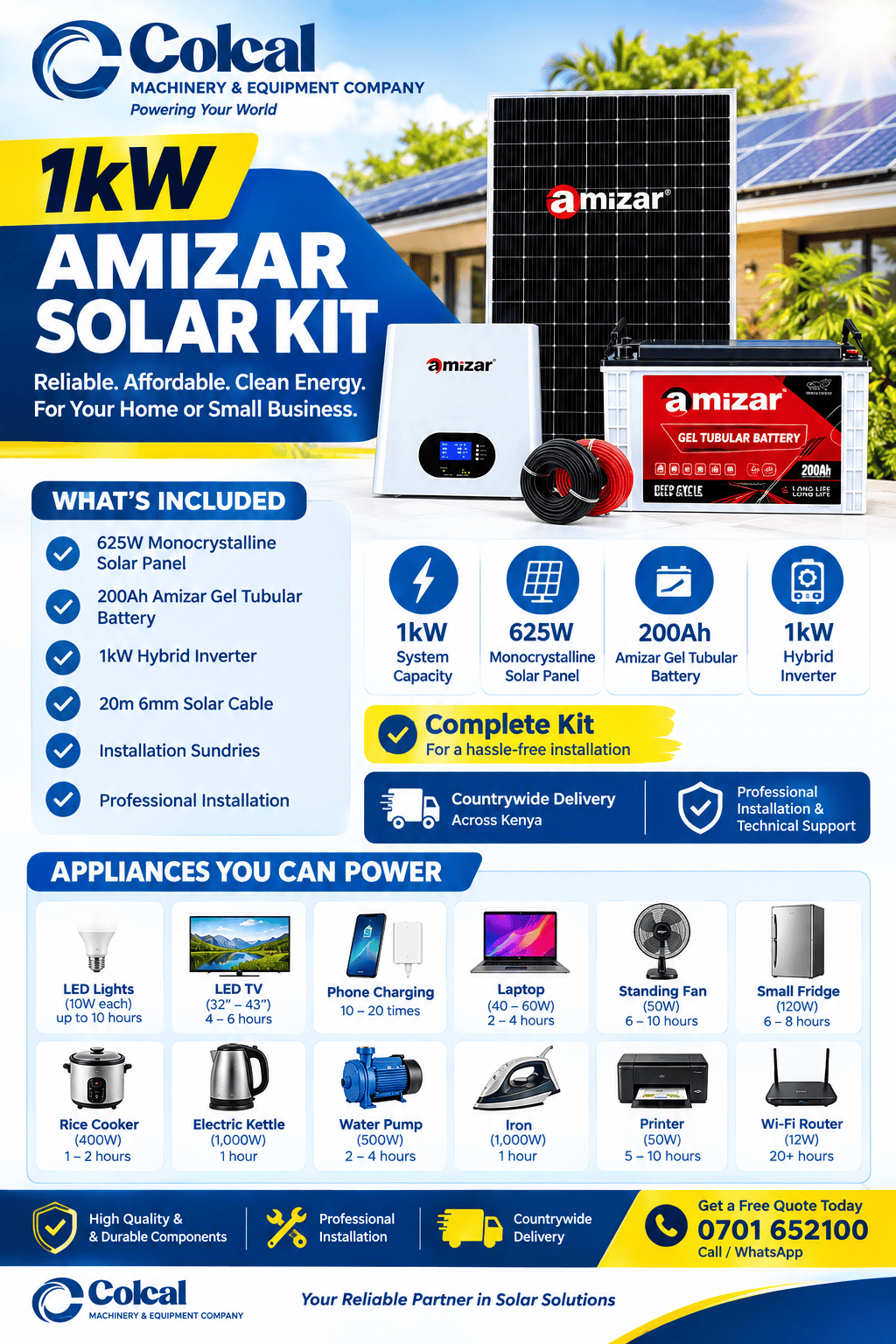 1kW (1000W) Amizar Complete Solar Kit - 200Ah Gel battery - Image 2